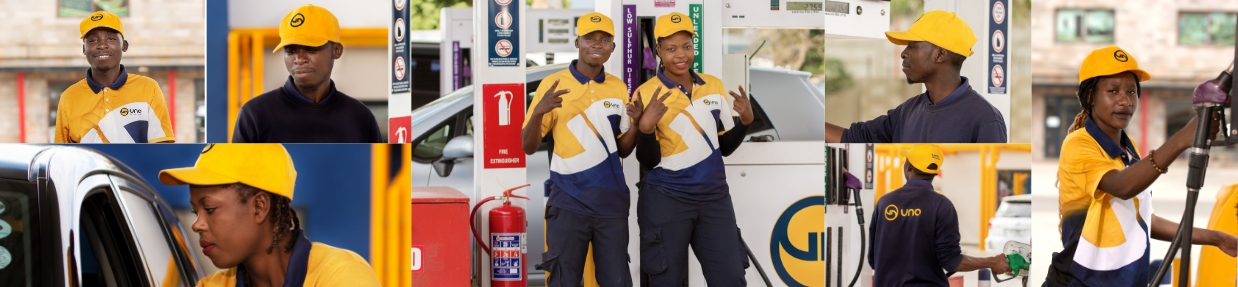 A collage of photos showing UNO Energies filling station employees in company uniform adding fuel to vehicles and other related activities